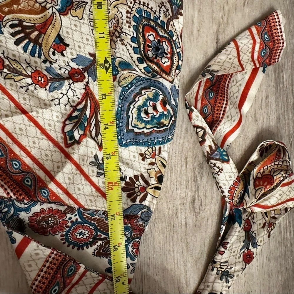Ivory Paisley Head Scarf Boho Floral Kerchief Blue Rust Print One Size